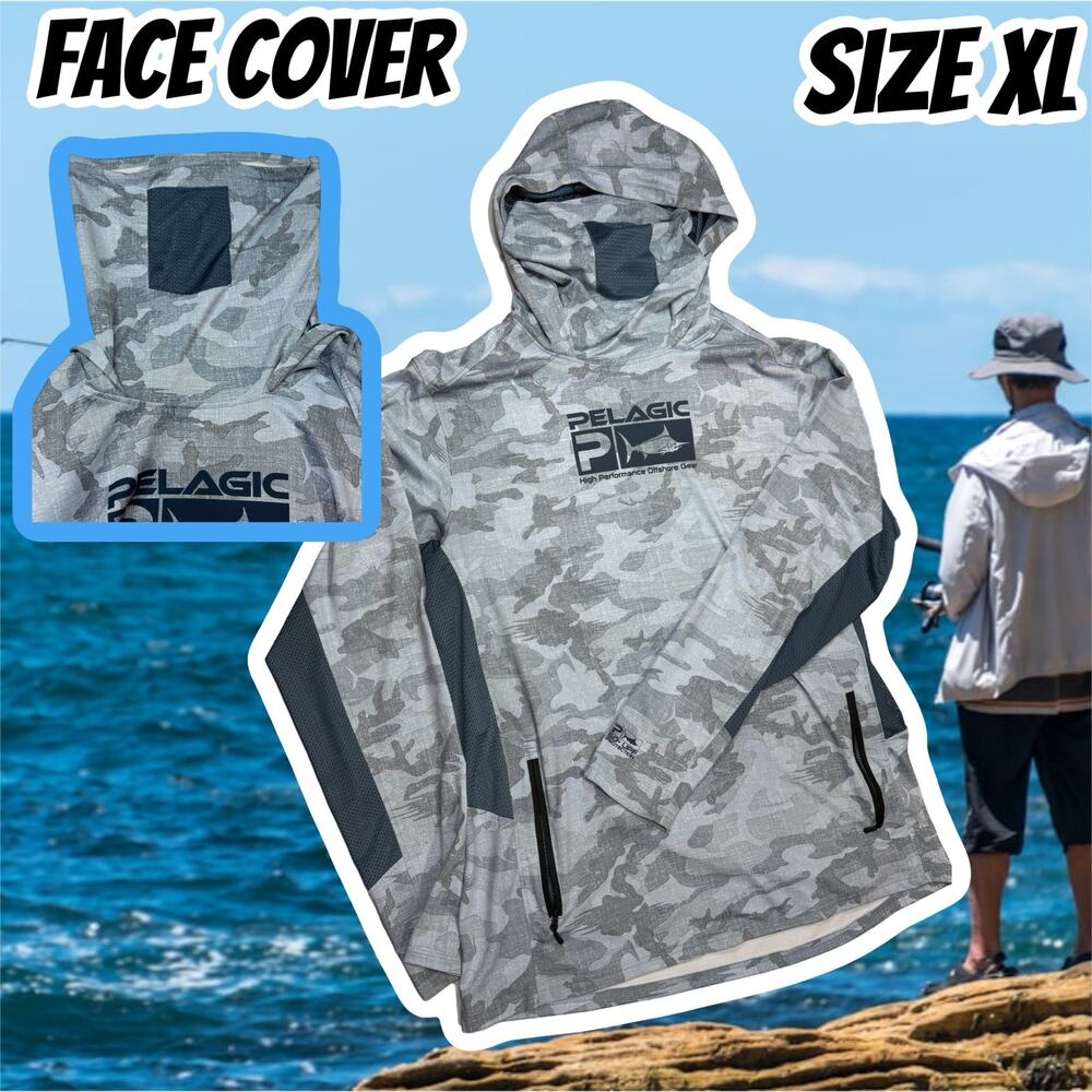 Pelagic Exo-Tech Long Sleeve Hooded Blue Sun Shirt Size XL Face Cover